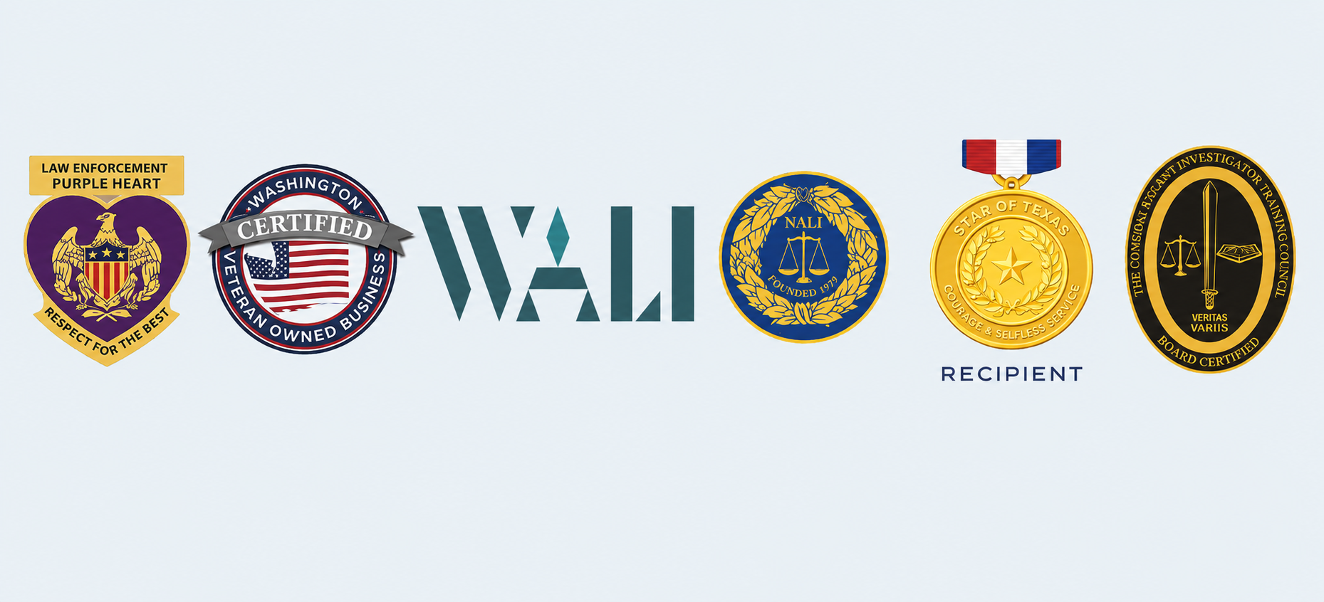 Display of five medals and badges related to police and veteran organizations, with the word WALL in the center and RECIPIENT underneath.